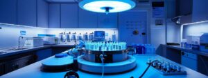 a clinical setting showcasing a medical professional skillfully preparing prp therapy using a point-of-care centrifuge, illuminated by bright overhead lights, with sterile instruments and vials reflecting a sense of precision and advanced medical technology.