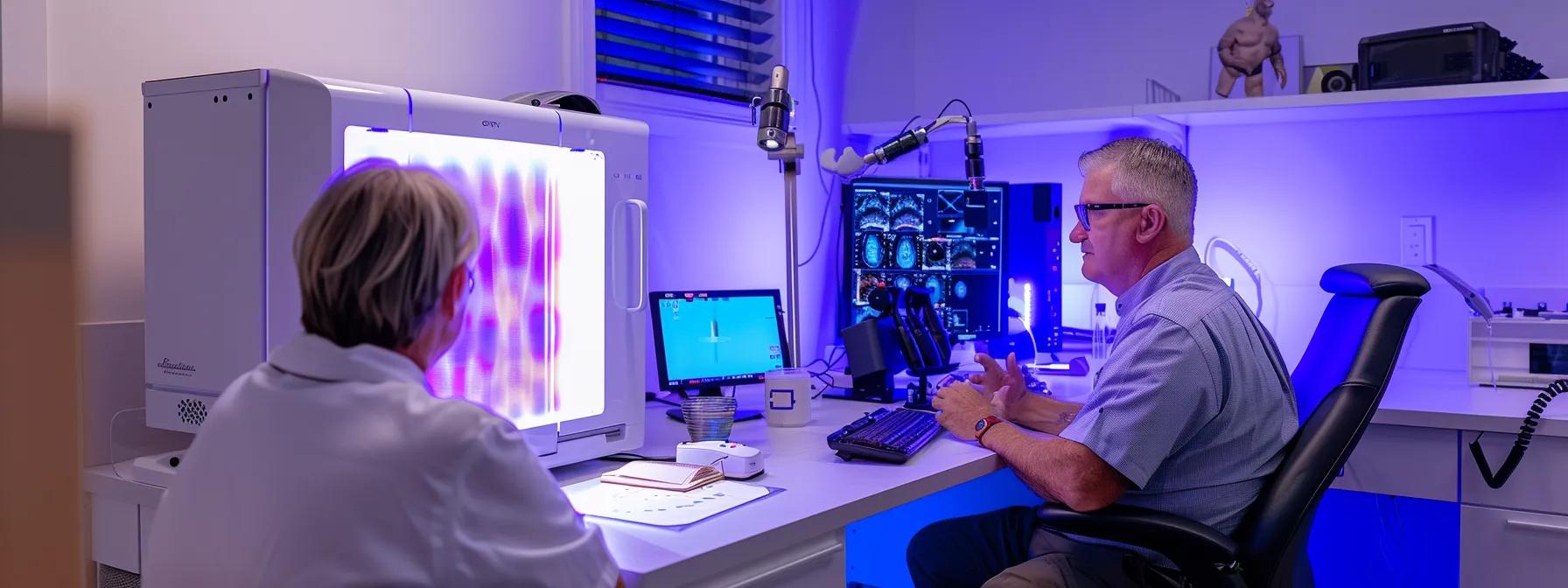 a focused clinical consultation room features a patient attentively discussing prp hair restoration with a knowledgeable specialist, illuminated by bright, precise lighting that enhances the modern, sterile environment, underscoring the importance of personalized treatment plans and realistic expectations.