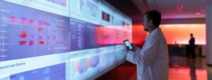 a focused medical professional analyzes a digital display of regenerative therapy options in a modern clinic, showcasing a high-tech environment filled with research data on tailored treatments for various health conditions.