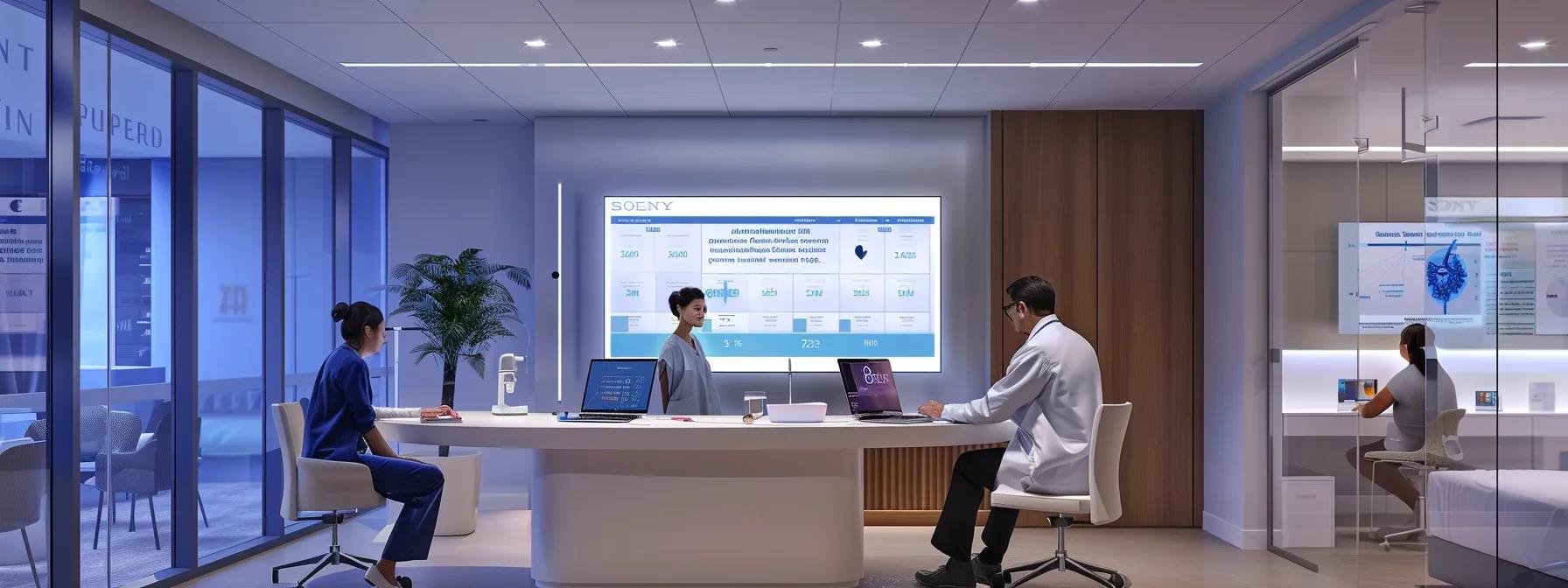 a focused, modern medical office setting showcases a consultation between a physician and a patient, illuminated by bright overhead lights, while a large digital display in the background presents informative graphics about regenerative therapies and prp injections, emphasizing clinical data and treatment comparisons.