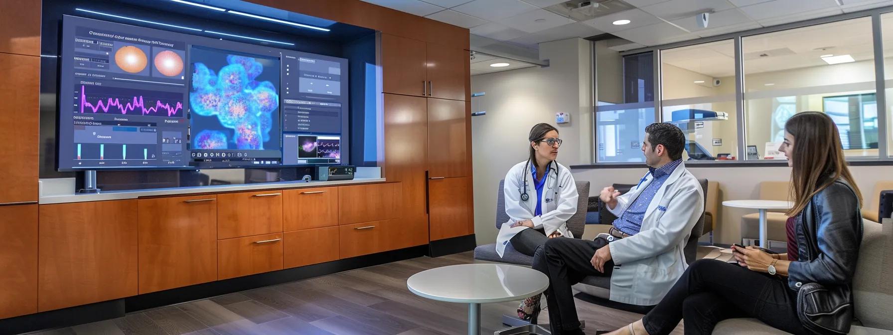 a modern medical clinic consultation room features a confident healthcare professional discussing a large digital display of patient outcomes and success stories related to prp injections, showcasing impressive metrics and imaging evidence on a sleek screen.