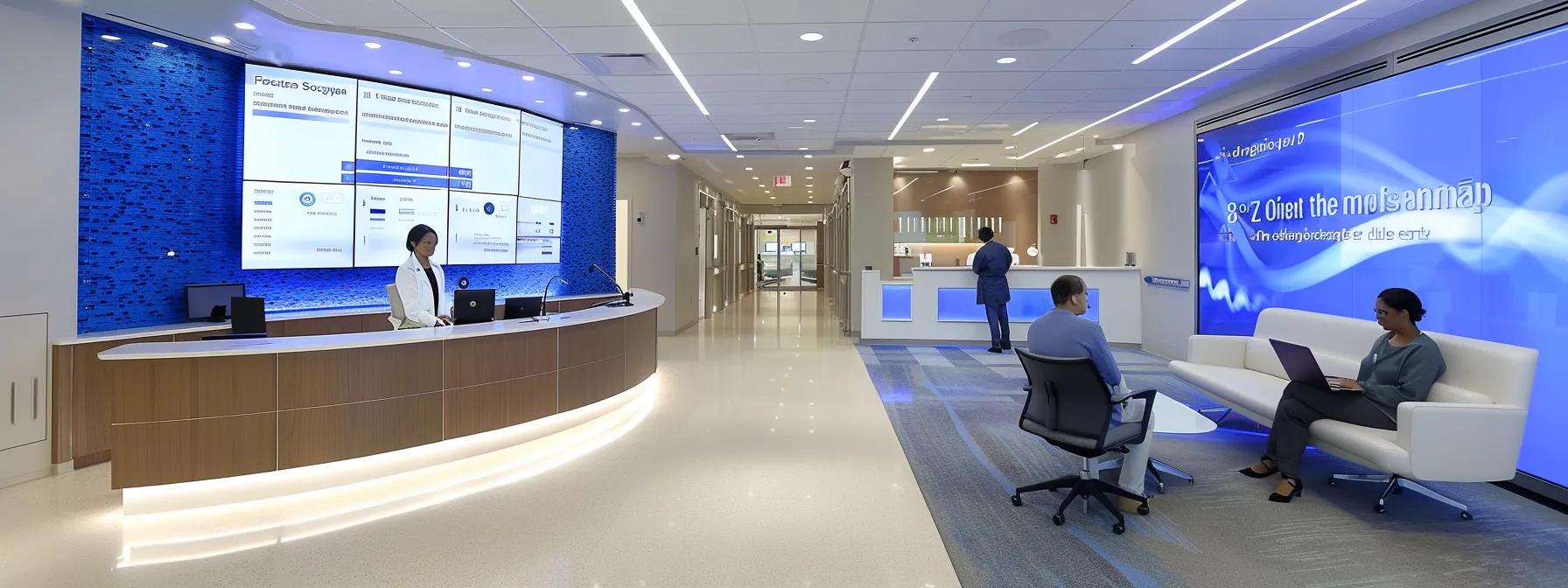 a modern medical clinic interior features a focused consultation between a physician and a patient discussing the promising outcomes of stem cell injections, with charts of tissue healing and recovery timelines prominently displayed on a sleek digital screen in the background.