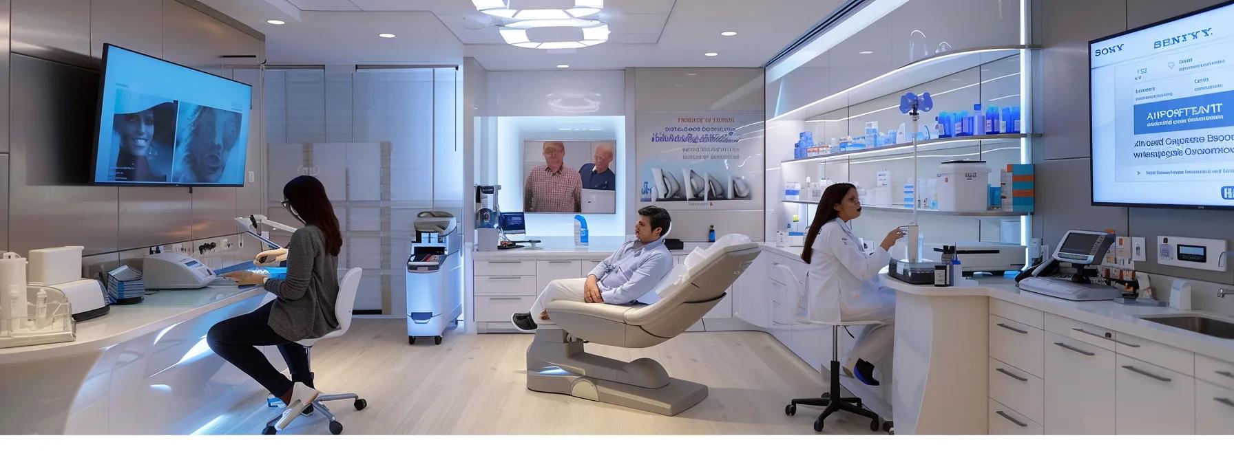 a modern medical clinic interior showcases a highly qualified prp therapy provider consulting with a patient, surrounded by advanced injection equipment, informative certification displays, and a digital monitor featuring before-and-after imaging of successful orthopedic treatments.