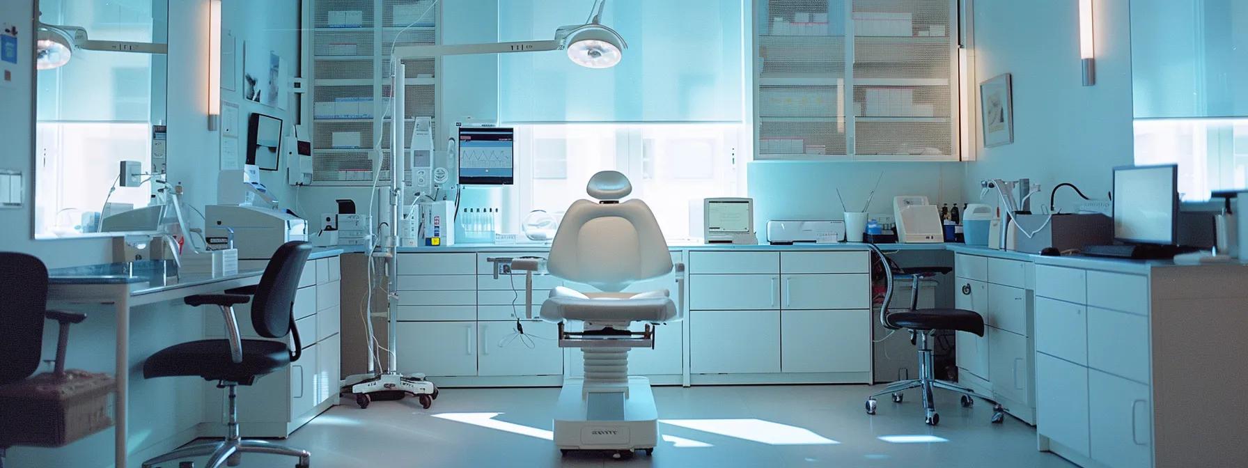 a modern regenerative therapy center featuring a sterile, well-lit treatment area with advanced medical equipment, highlighting safety protocols and certified handling practices through organized checklists displayed prominently.