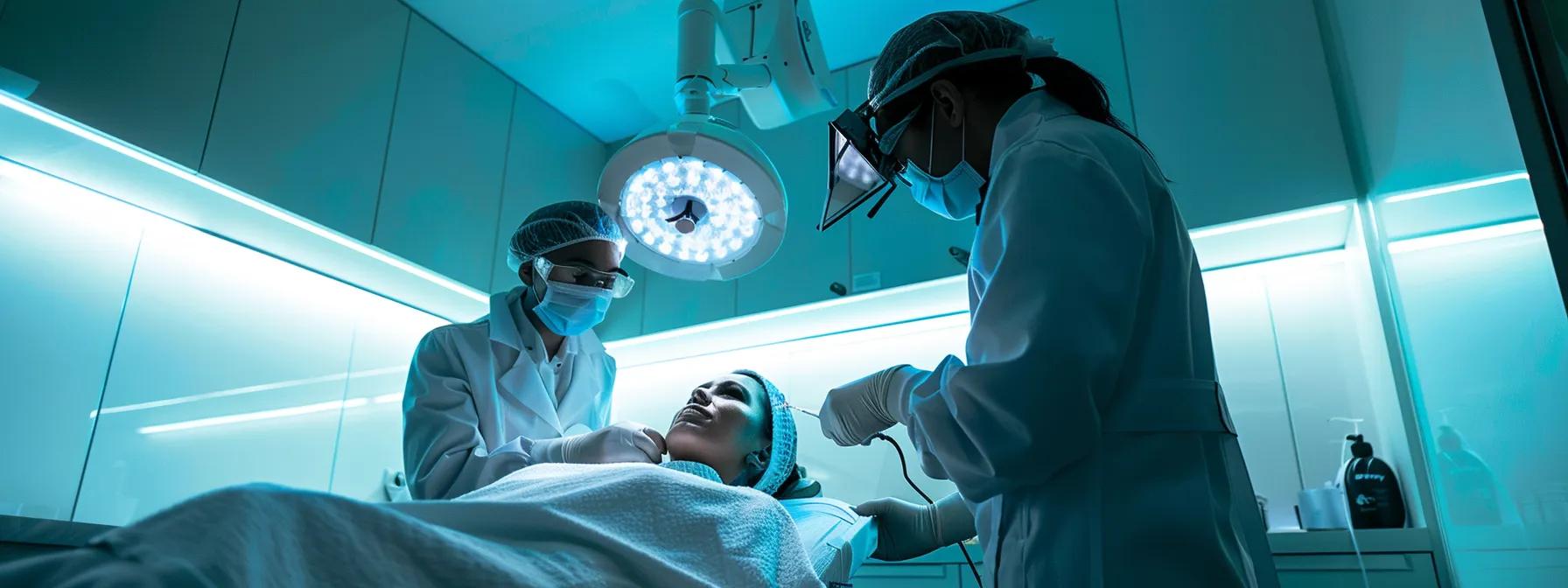 a professional setting featuring a sleek, modern clinic with an engaged patient receiving a prp hair restoration treatment from a confident practitioner under bright, clinical lighting, emphasizing the innovative approach to hair restoration.