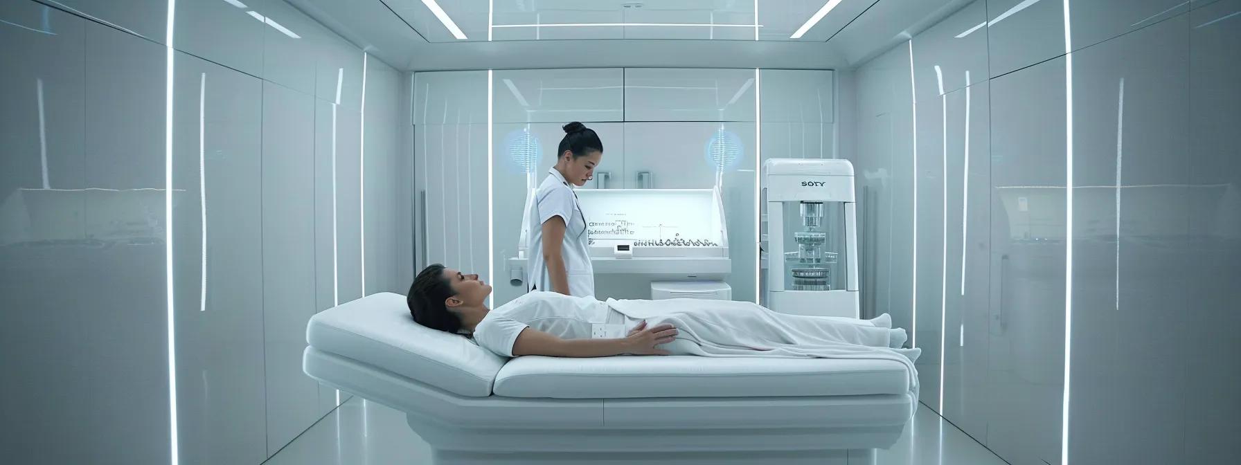 a sleek, modern aesthetic clinic room with a white treatment bed and clinical lighting, featuring a confident patient receiving a prp facial treatment while a professional practitioner prepares the centrifuge machine, symbolizing advanced skin rejuvenation and comprehensive beauty care.