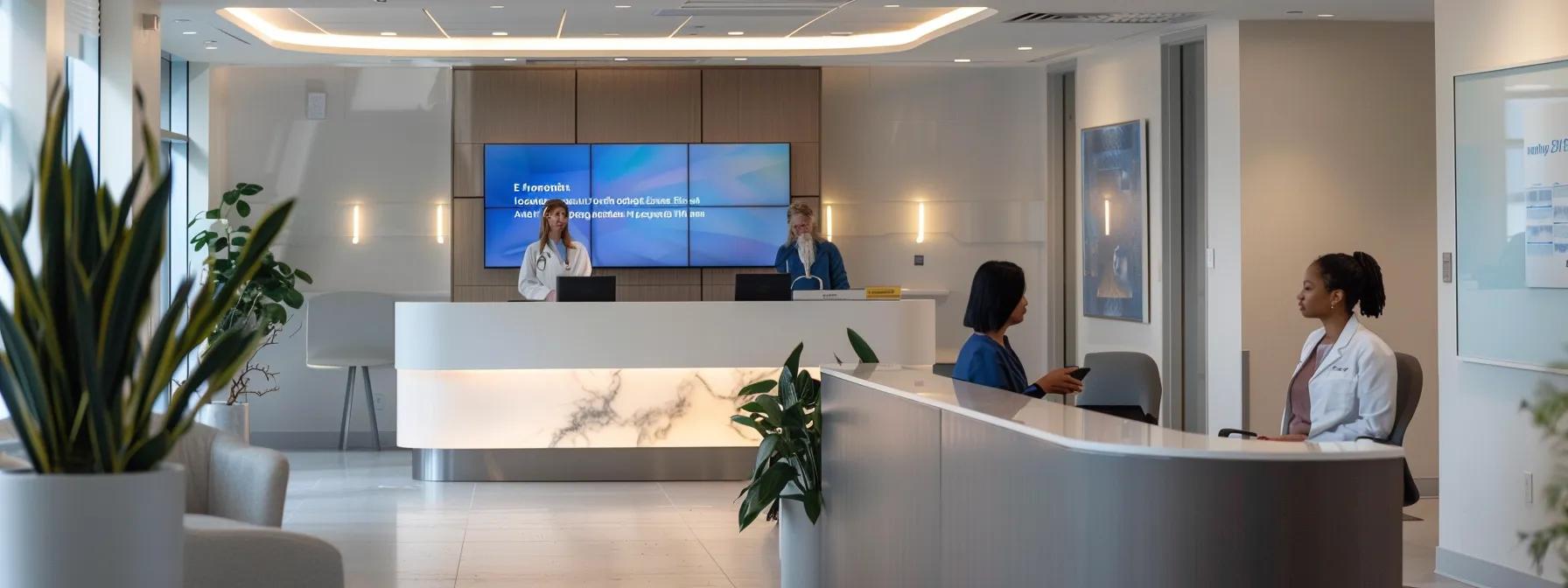 a sleek, modern clinic reception area with an engaging digital display showcasing regenerative treatment options, while a focused patient consults with a nurse coordinator at a polished, minimalist desk, emphasizing a professional and welcoming atmosphere.