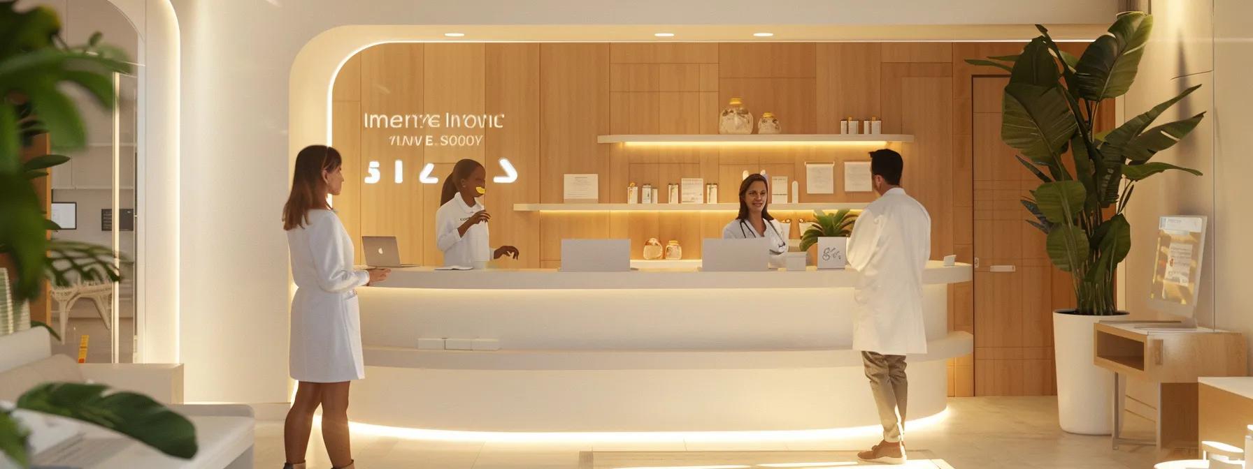 a sleek, modern clinic reception area in southern california showcases a welcoming environment, with patients engaged in discussions with healthcare professionals amidst contemporary decor and engaging informational displays about regenerative treatments.