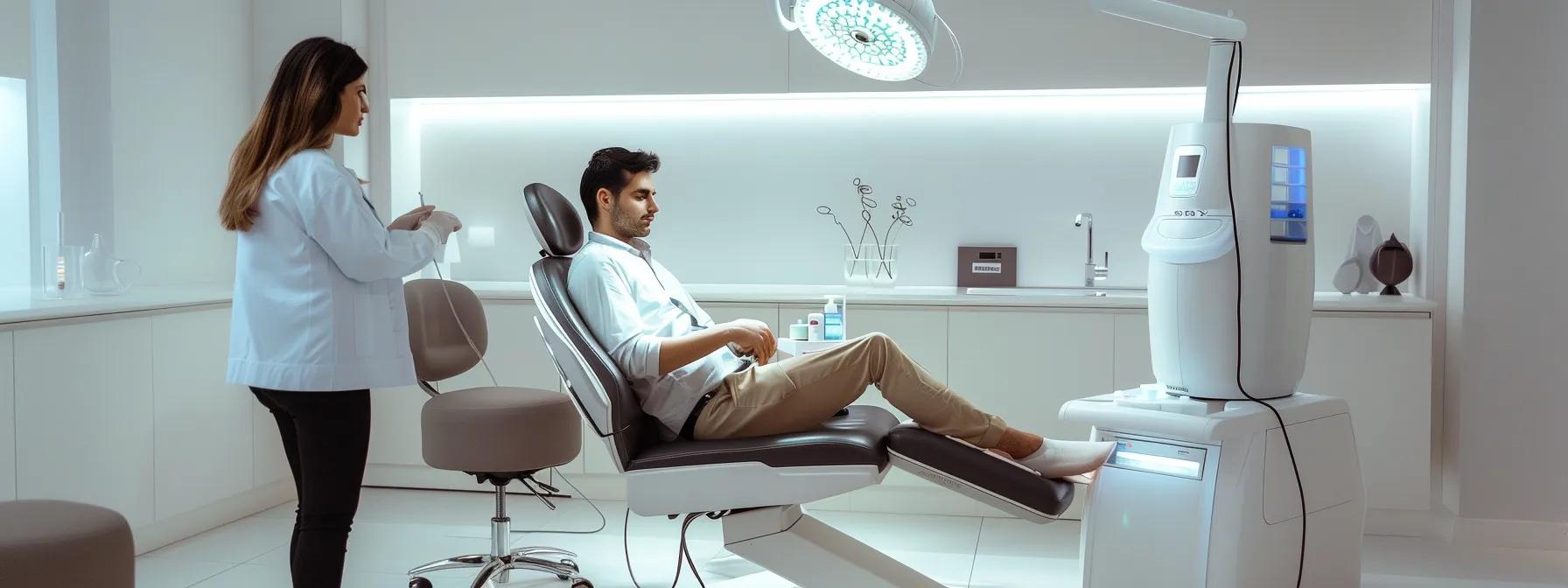 a sleek, modern clinic room showcases a confident patient seated in a stylish chair, with a focused medical professional using a precise injector to administer prp treatments, illuminated by bright, clinical lighting that emphasizes the professional atmosphere and advanced hair restoration technology.