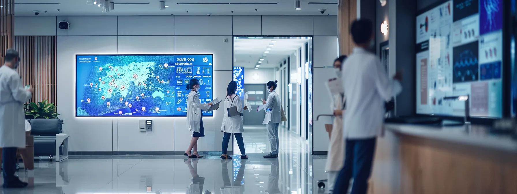 a sleek, modern healthcare office bustling with patients, displaying a large digital screen showcasing a map pinpointing various top-rated regenerative therapy centers, complemented by well-organized pamphlets on regenerative treatments and vibrant posters promoting upcoming medical conferences.
