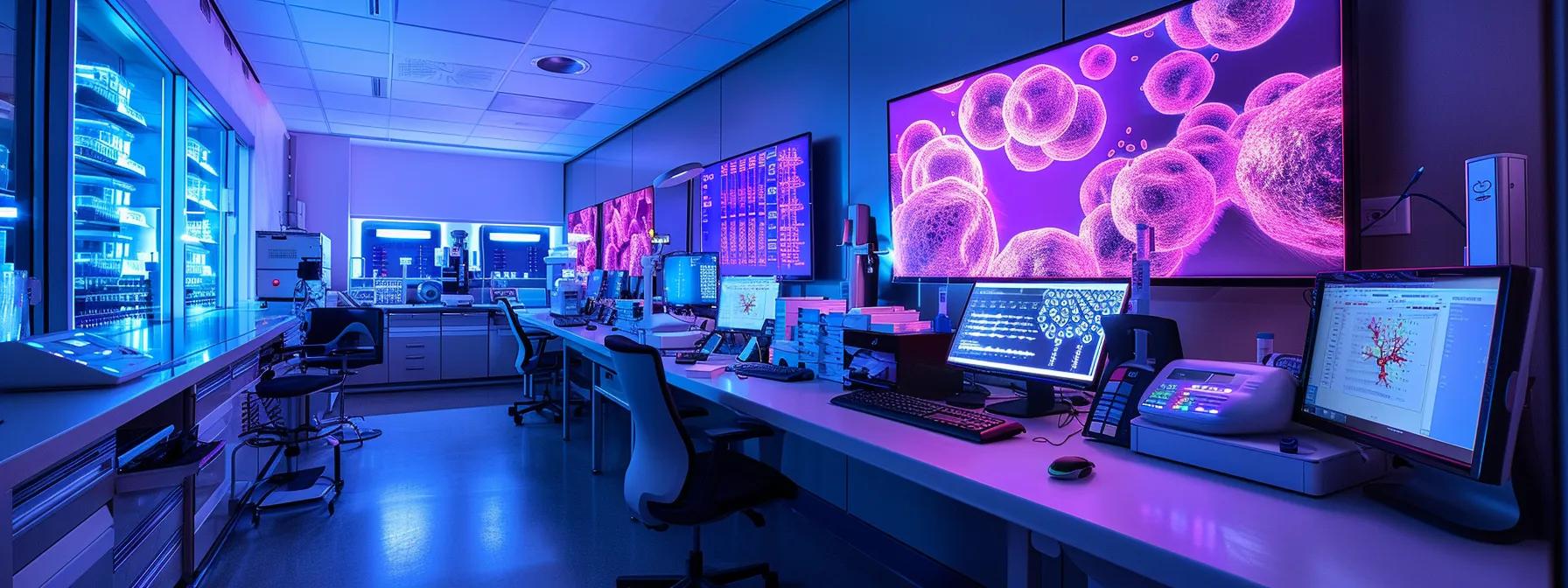 a sleek, modern medical clinic room showcases a high-tech workstation where specialists analyze stem cell samples, with illuminated charts displaying regenerative treatment data and a prominent display of adipose-derived stem cells, symbolizing advanced breakthroughs in regenerative medicine.