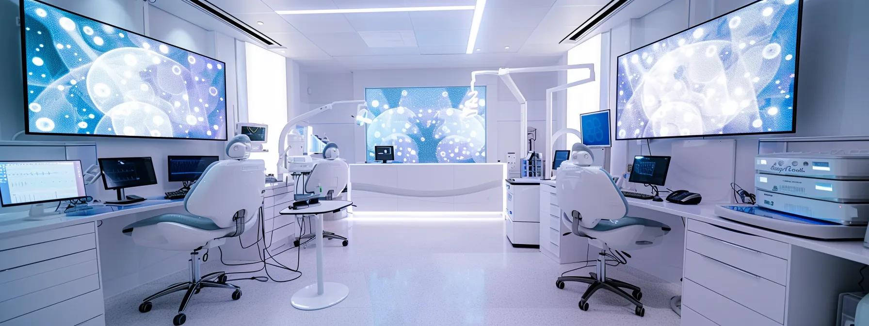 a sleek, modern medical clinic featuring advanced prp processing stations and digital displays showcasing patient success stories and innovative treatment protocols for regenerative healing.