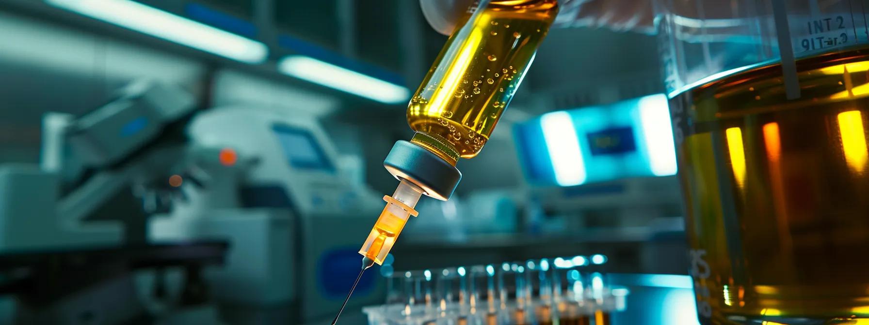 a sterile medical room featuring a clinician preparing a syringe filled with golden platelet-rich plasma under bright, focused lighting, with ultrasound equipment prominently displayed, conveying the precision and advanced technology of prp injection therapy.