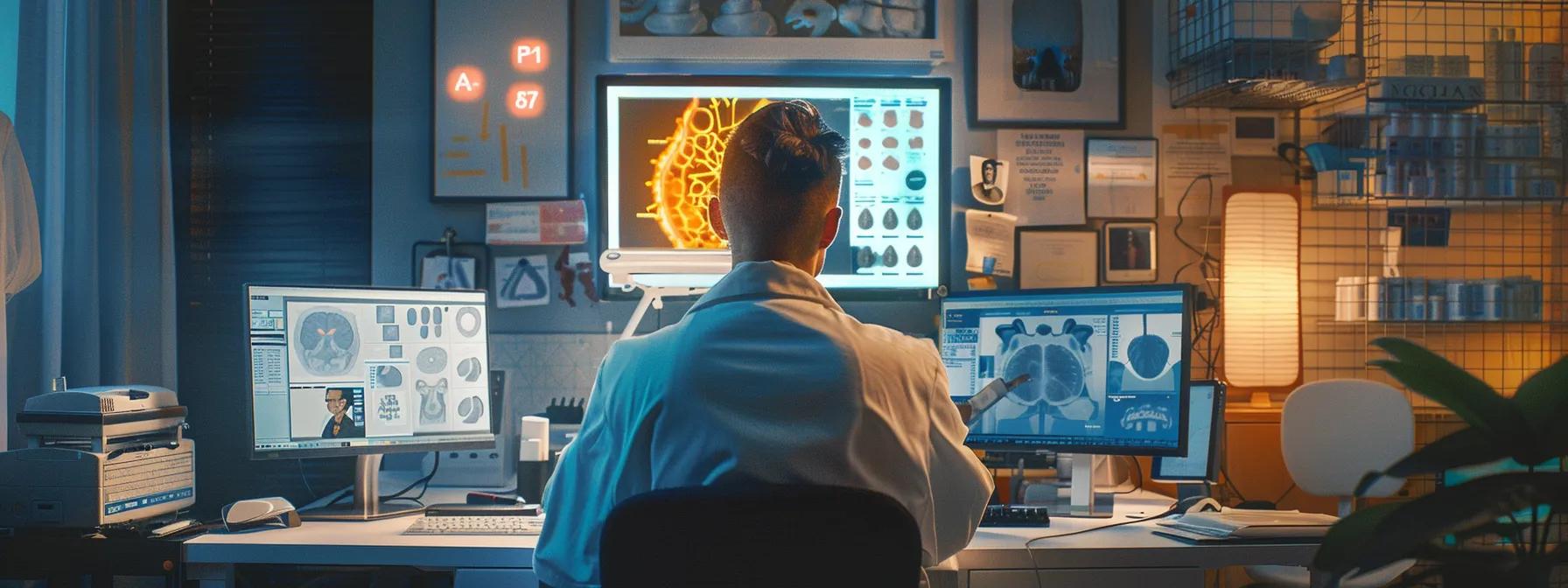 an advanced medical clinic interior showcases an orthopedic surgeon consulting with a patient amid high-tech imaging equipment and a detailed prp treatment readiness chart, emphasizing personalized and precise regenerative protocols for optimal healing outcomes.